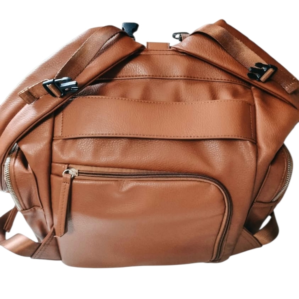 Large Capacity Faux Leather Baby Bag Diaper Bag Backpack Brown - Picture 8 of 9
